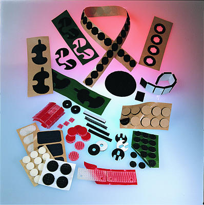 Different kinds of stickers with a background light of red and blue