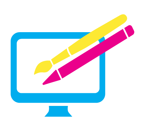 Paint brush and pencil touching computer screen