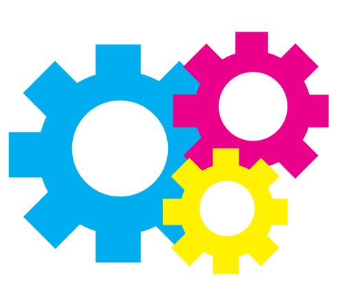 Three multi-colored cogs