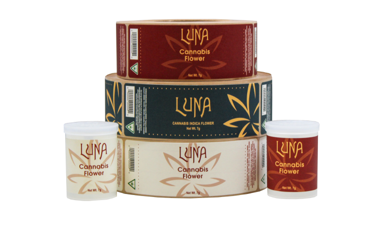 cannabis label designs stacked in rolls