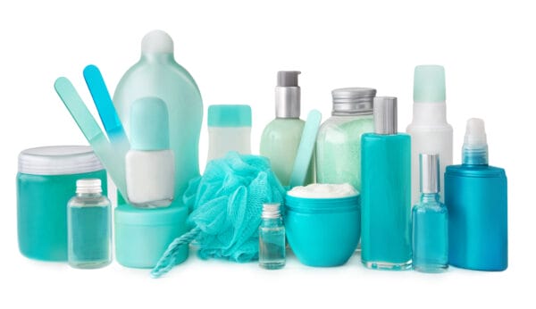 Beauty cosmetic products against white background