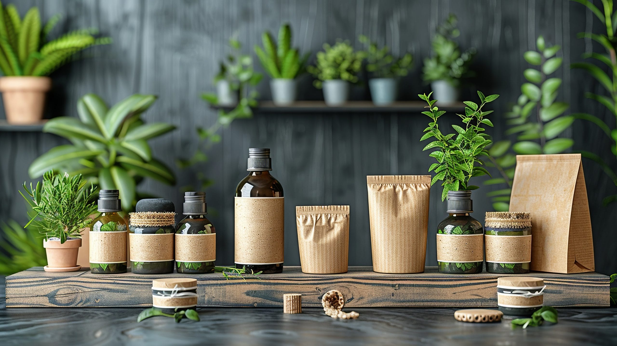 Mockups of eco-friendly packaging, including biodegradable plastic alternatives and recycled paper products. The items emphasize sustainability and environmental consciousness